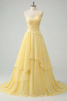 Load image into Gallery viewer, One Shoulder A Line Butter Ruched Yellow Ruffled Prom Dress with Lace