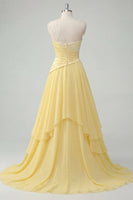 Load image into Gallery viewer, One Shoulder A Line Butter Ruched Yellow Ruffled Prom Dress with Lace
