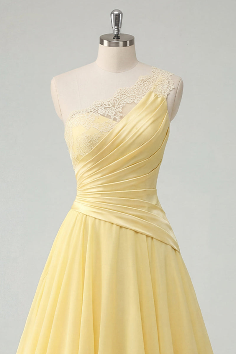Load image into Gallery viewer, One Shoulder A Line Butter Ruched Yellow Ruffled Prom Dress with Lace