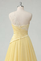 Load image into Gallery viewer, One Shoulder A Line Butter Ruched Yellow Ruffled Prom Dress with Lace