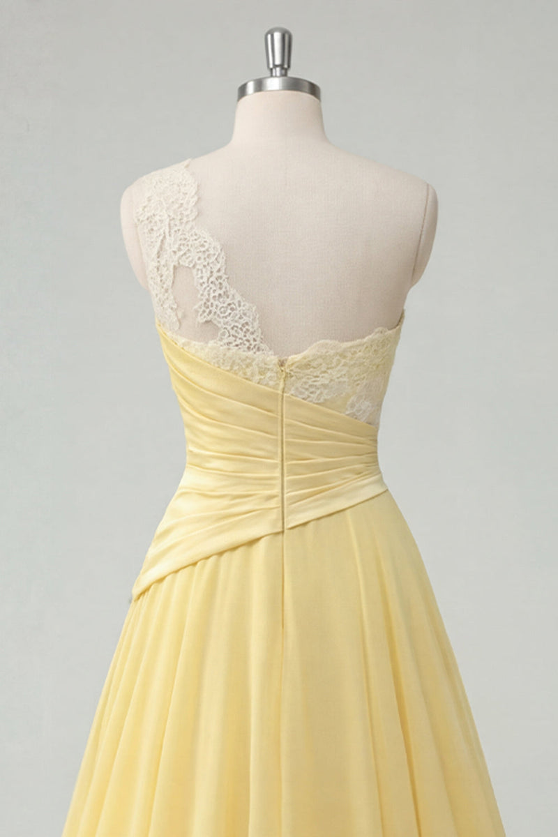 Load image into Gallery viewer, One Shoulder A Line Butter Ruched Yellow Ruffled Prom Dress with Lace