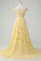 Load image into Gallery viewer, Off the Shoulder Ruffled A Line Butter Yellow Prom Dress with Slit