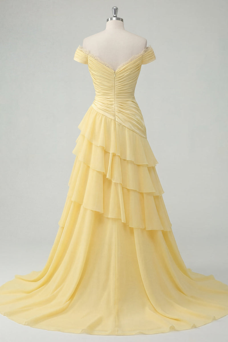 Load image into Gallery viewer, Off the Shoulder Ruffled A Line Butter Yellow Prom Dress with Slit