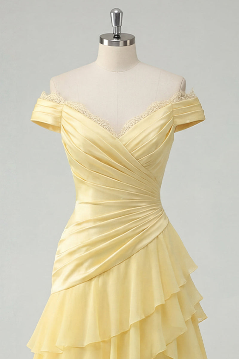 Load image into Gallery viewer, Off the Shoulder Ruffled A Line Butter Yellow Prom Dress with Slit