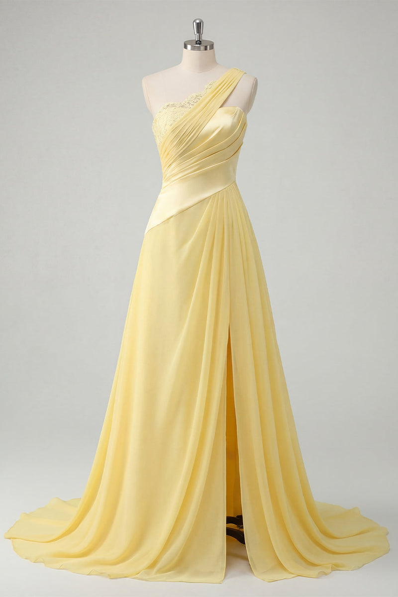 Load image into Gallery viewer, A Line Ruched Butter Yellow One Shoulder Prom Dress with Lace