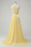 Load image into Gallery viewer, A Line Ruched Butter Yellow One Shoulder Prom Dress with Lace