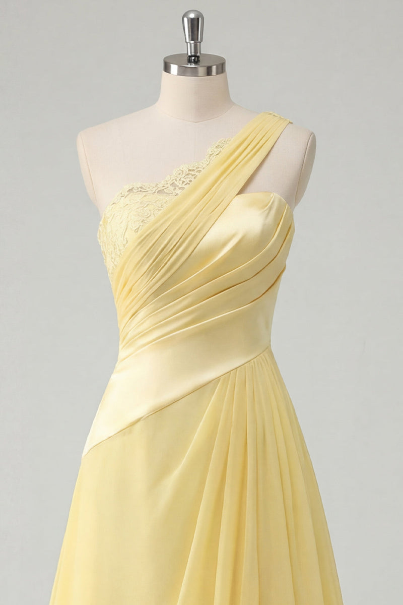 Load image into Gallery viewer, A Line Ruched Butter Yellow One Shoulder Prom Dress with Lace