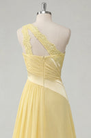 Load image into Gallery viewer, A Line Ruched Butter Yellow One Shoulder Prom Dress with Lace
