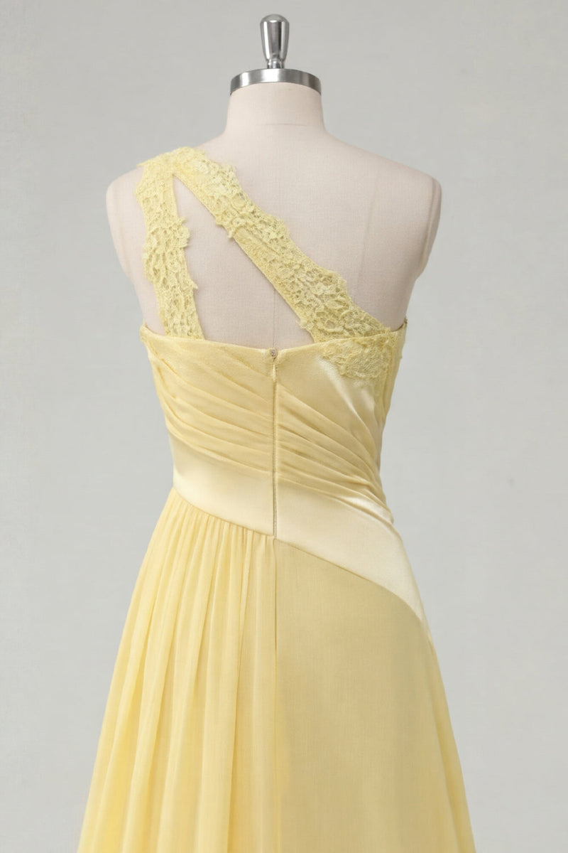 Load image into Gallery viewer, A Line Ruched Butter Yellow One Shoulder Prom Dress with Lace