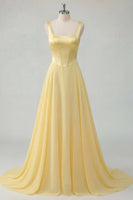 Load image into Gallery viewer, Corset Thick Straps A Line Butter Yellow Long Prom Dress