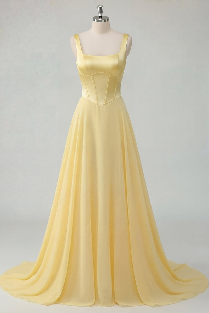 Load image into Gallery viewer, Corset Thick Straps A Line Butter Yellow Long Prom Dress