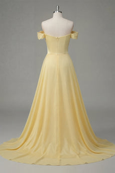 A Line Ruched Butter Yellow Off the Shoulder Prom Dress with Cape