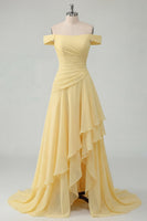 Load image into Gallery viewer, A Line Ruched Off the Shoulder Butter Yellow Ruffled Prom Dress with Slit