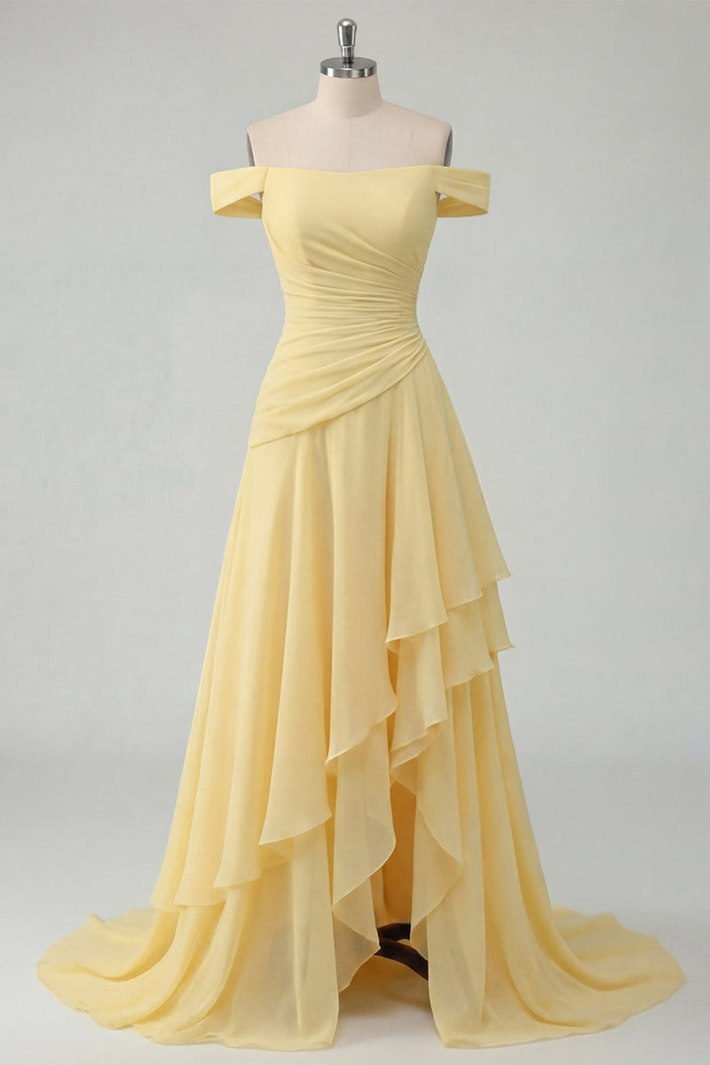 Load image into Gallery viewer, A Line Ruched Off the Shoulder Butter Yellow Ruffled Prom Dress with Slit