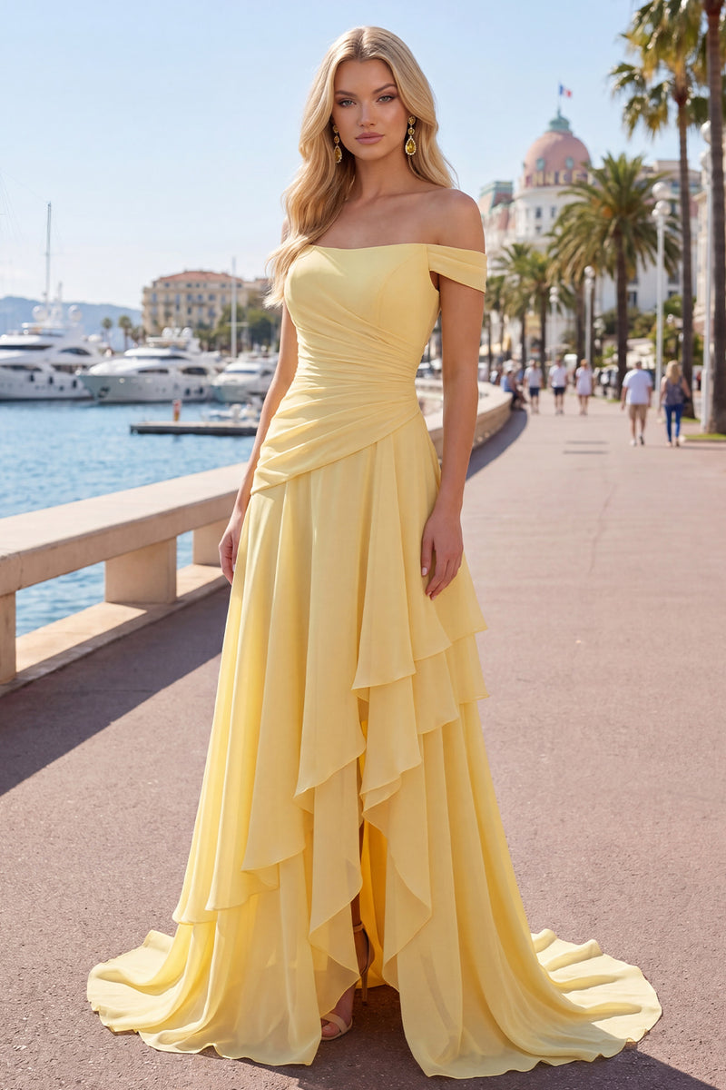 Load image into Gallery viewer, A Line Ruched Off the Shoulder Butter Yellow Ruffled Prom Dress with Slit