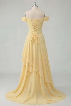 A Line Ruched Off the Shoulder Butter Yellow Ruffled Prom Dress with Slit
