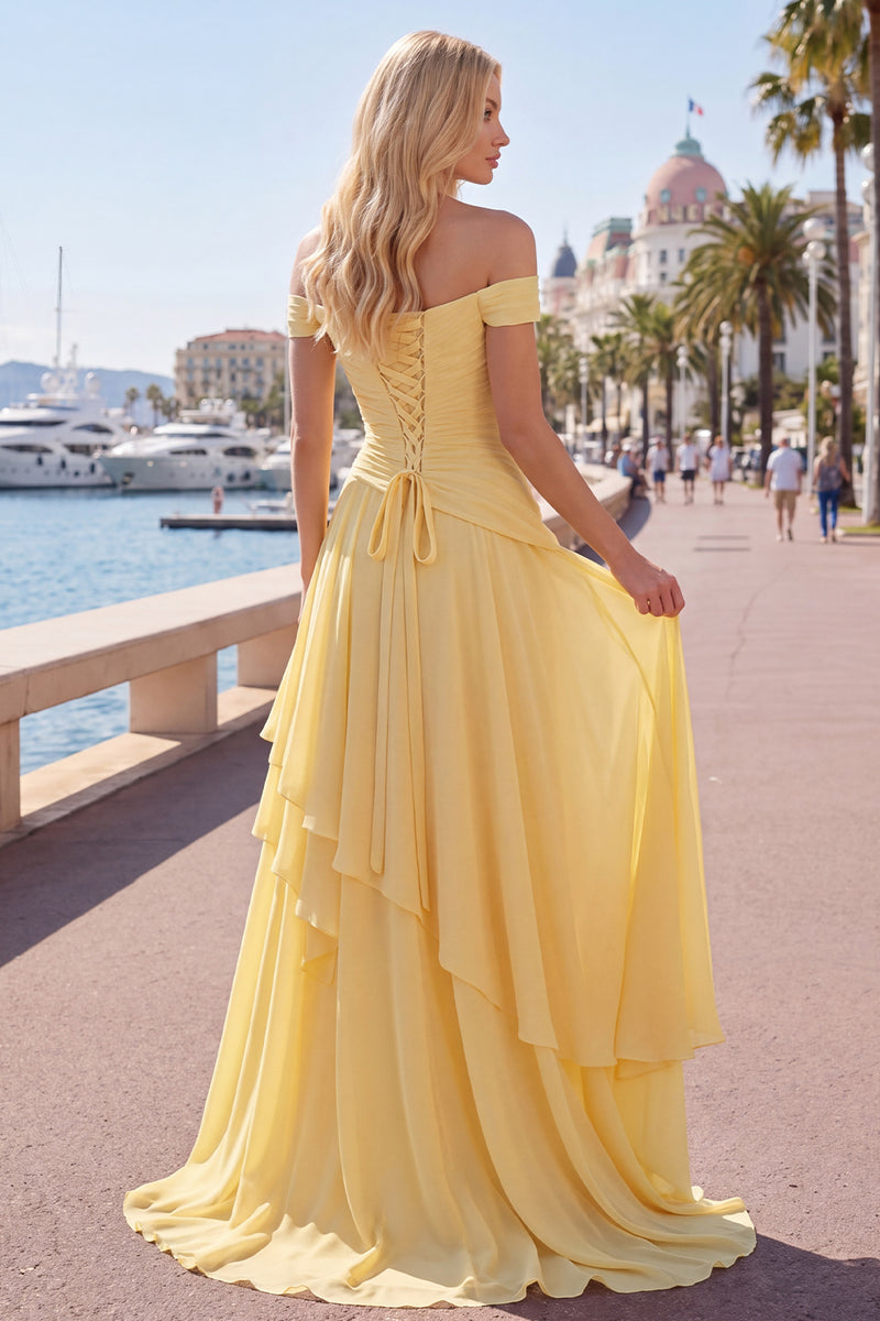 Load image into Gallery viewer, A Line Ruched Off the Shoulder Butter Yellow Ruffled Prom Dress with Slit