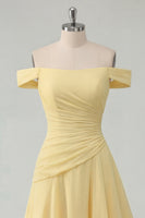 Load image into Gallery viewer, A Line Ruched Off the Shoulder Butter Yellow Ruffled Prom Dress with Slit
