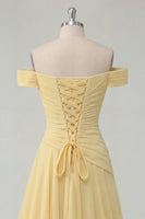 Load image into Gallery viewer, A Line Ruched Off the Shoulder Butter Yellow Ruffled Prom Dress with Slit