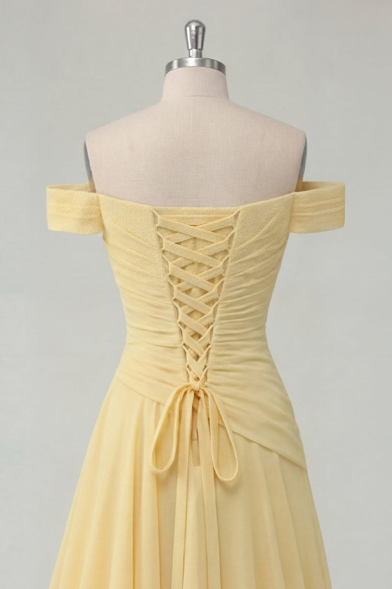 Load image into Gallery viewer, A Line Ruched Off the Shoulder Butter Yellow Ruffled Prom Dress with Slit