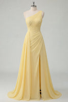 Load image into Gallery viewer, One Shoulder A Line Butter Yellow Ruched Prom Dress with Side Cape