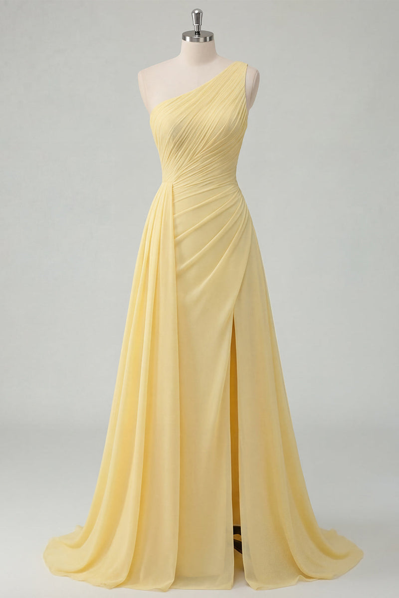 Load image into Gallery viewer, One Shoulder A Line Butter Yellow Ruched Prom Dress with Side Cape