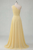 Load image into Gallery viewer, One Shoulder A Line Butter Yellow Ruched Prom Dress with Side Cape