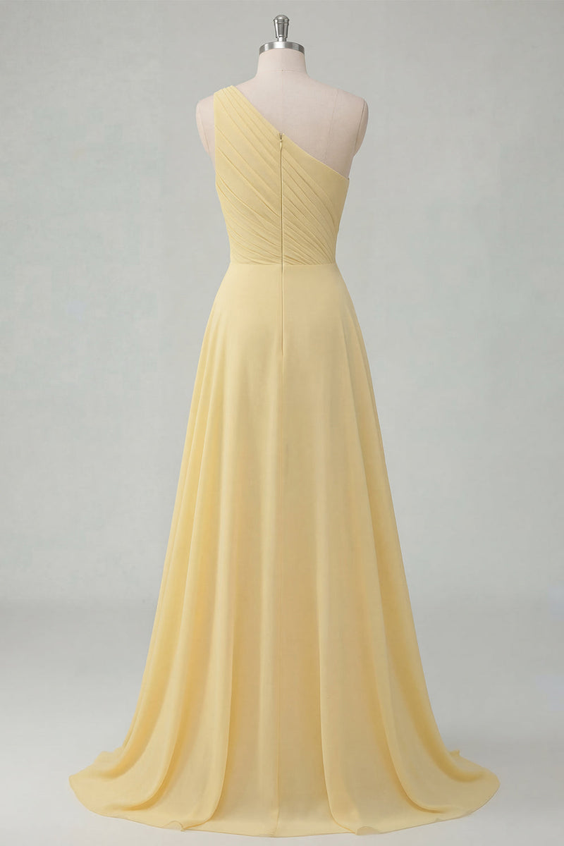 Load image into Gallery viewer, One Shoulder A Line Butter Yellow Ruched Prom Dress with Side Cape