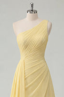 Load image into Gallery viewer, One Shoulder A Line Butter Yellow Ruched Prom Dress with Side Cape