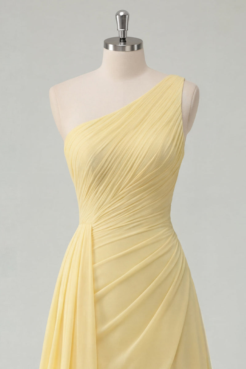 Load image into Gallery viewer, One Shoulder A Line Butter Yellow Ruched Prom Dress with Side Cape