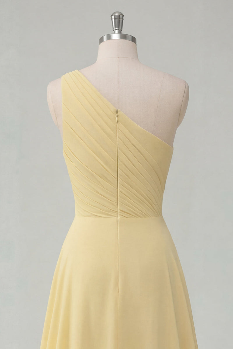 Load image into Gallery viewer, One Shoulder A Line Butter Yellow Ruched Prom Dress with Side Cape