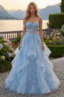 Load image into Gallery viewer, Floral Long Sparkly Blue Strapless Corset A Line Beaded Prom Dress with Ruffles