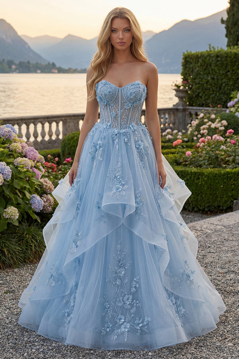 Load image into Gallery viewer, Floral Long Sparkly Blue Strapless Corset A Line Beaded Prom Dress with Ruffles