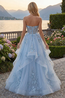 Floral Long Sparkly Blue Strapless Corset A Line Beaded Prom Dress with Ruffles