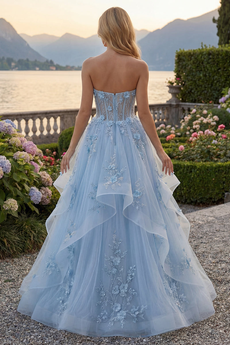 Load image into Gallery viewer, Floral Long Sparkly Blue Strapless Corset A Line Beaded Prom Dress with Ruffles