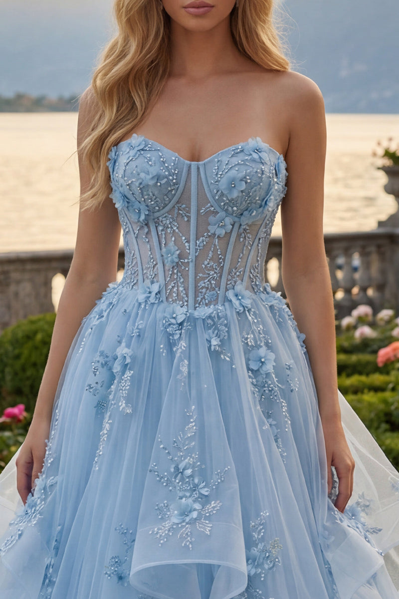 Load image into Gallery viewer, Floral Long Sparkly Blue Strapless Corset A Line Beaded Prom Dress with Ruffles