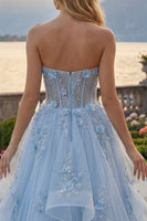 Load image into Gallery viewer, Floral Long Sparkly Blue Strapless Corset A Line Beaded Prom Dress with Ruffles
