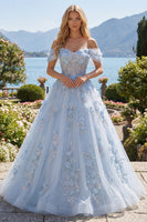 Load image into Gallery viewer, Sparkly Off the Shoulder Corset A Line Long Blue Floral Beaded Prom Dress