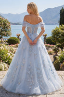 Load image into Gallery viewer, Sparkly Off the Shoulder Corset A Line Long Blue Floral Beaded Prom Dress
