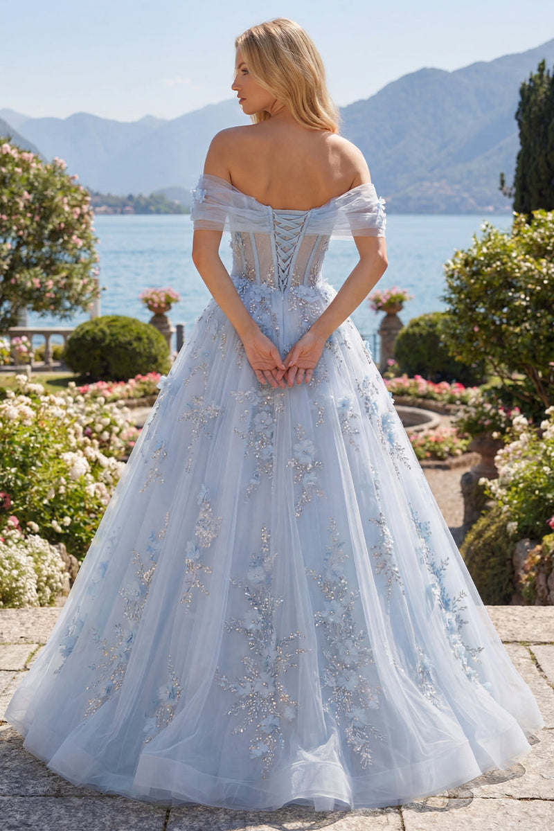 Load image into Gallery viewer, Sparkly Off the Shoulder Corset A Line Long Blue Floral Beaded Prom Dress