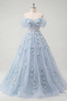 Load image into Gallery viewer, Sparkly Off the Shoulder Corset A Line Long Blue Floral Beaded Prom Dress