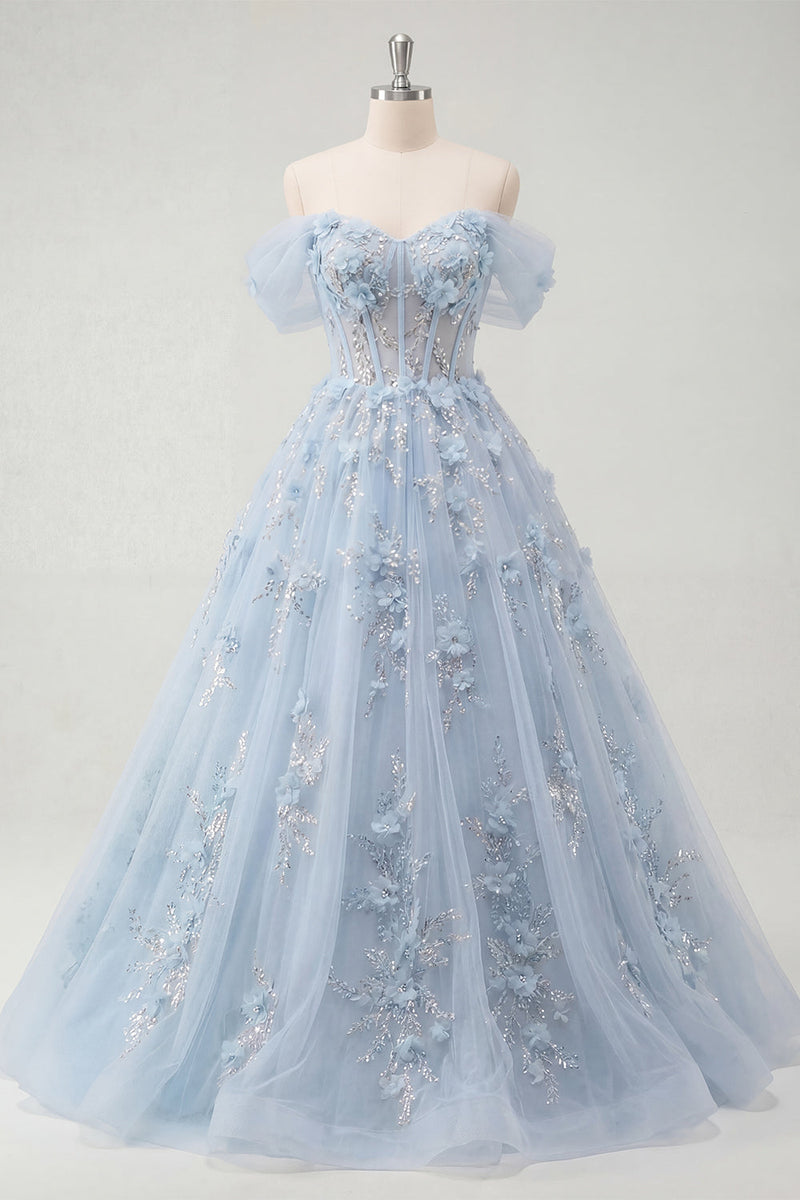 Load image into Gallery viewer, Sparkly Off the Shoulder Corset A Line Long Blue Floral Beaded Prom Dress