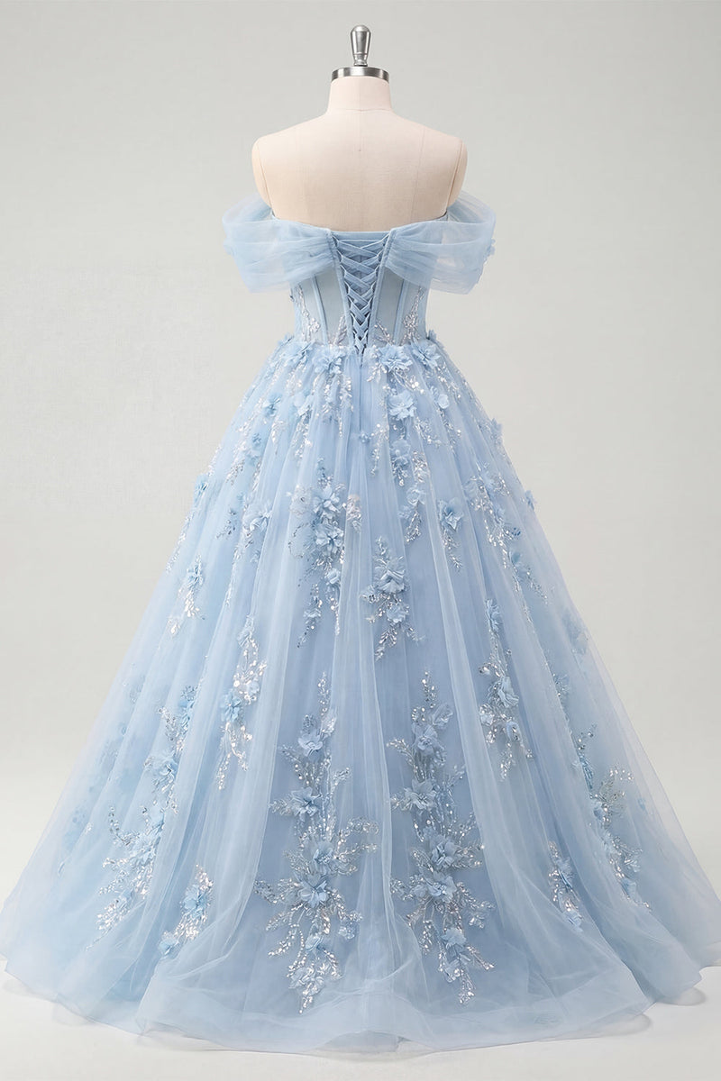 Load image into Gallery viewer, Sparkly Off the Shoulder Corset A Line Long Blue Floral Beaded Prom Dress