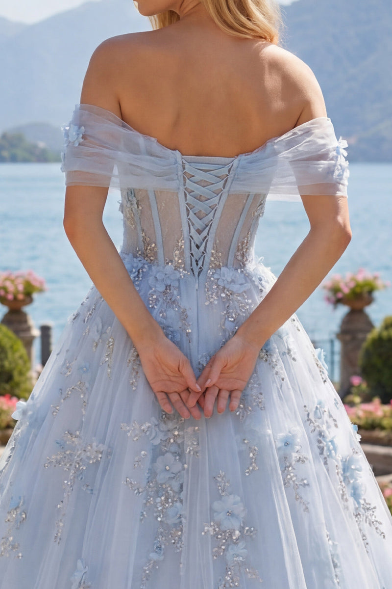 Load image into Gallery viewer, Sparkly Off the Shoulder Corset A Line Long Blue Floral Beaded Prom Dress
