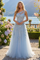 Load image into Gallery viewer, One Shoulder Sparkly Blue Floral Corset A Line Long Beaded Prom Dress