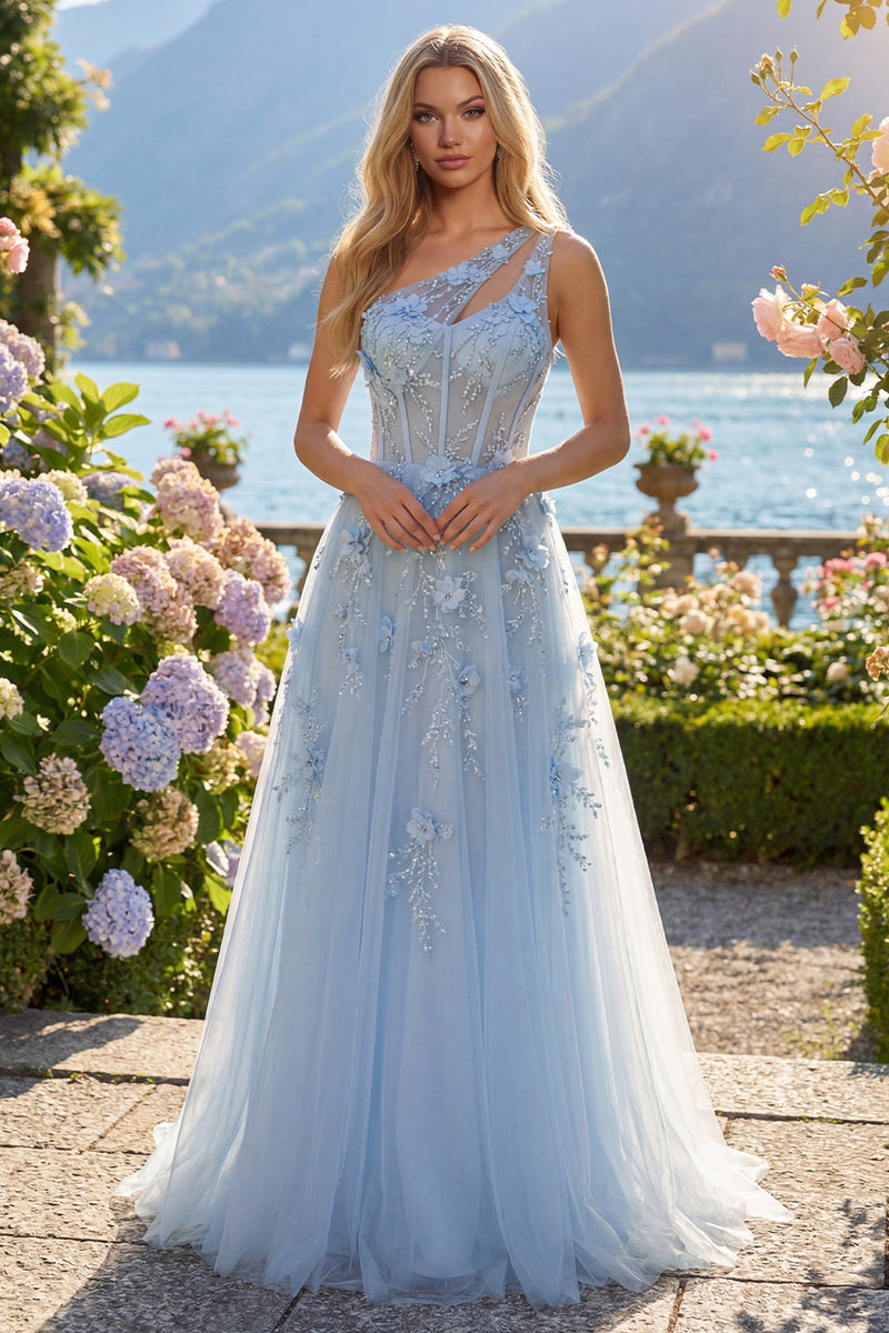 Load image into Gallery viewer, One Shoulder Sparkly Blue Floral Corset A Line Long Beaded Prom Dress