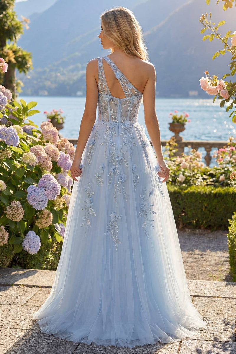 Load image into Gallery viewer, One Shoulder Sparkly Blue Floral Corset A Line Long Beaded Prom Dress