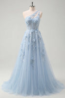 Load image into Gallery viewer, One Shoulder Sparkly Blue Floral Corset A Line Long Beaded Prom Dress