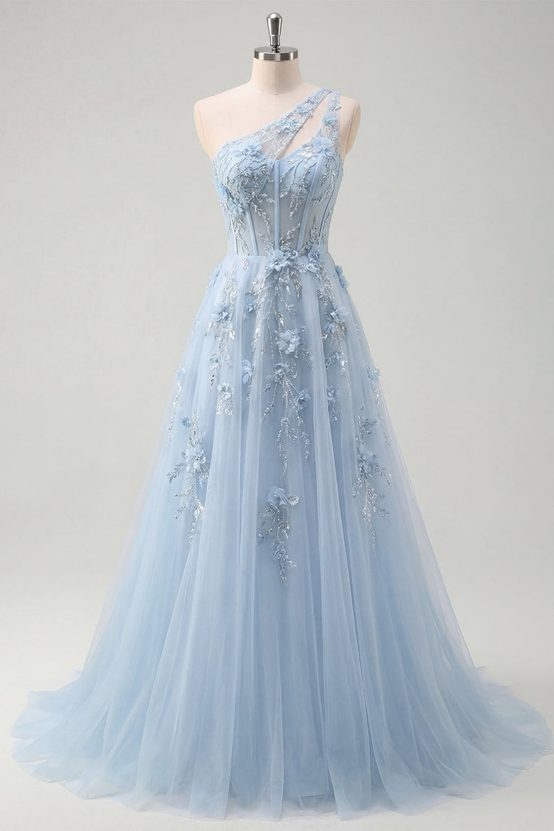 Load image into Gallery viewer, One Shoulder Sparkly Blue Floral Corset A Line Long Beaded Prom Dress