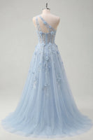 Load image into Gallery viewer, One Shoulder Sparkly Blue Floral Corset A Line Long Beaded Prom Dress